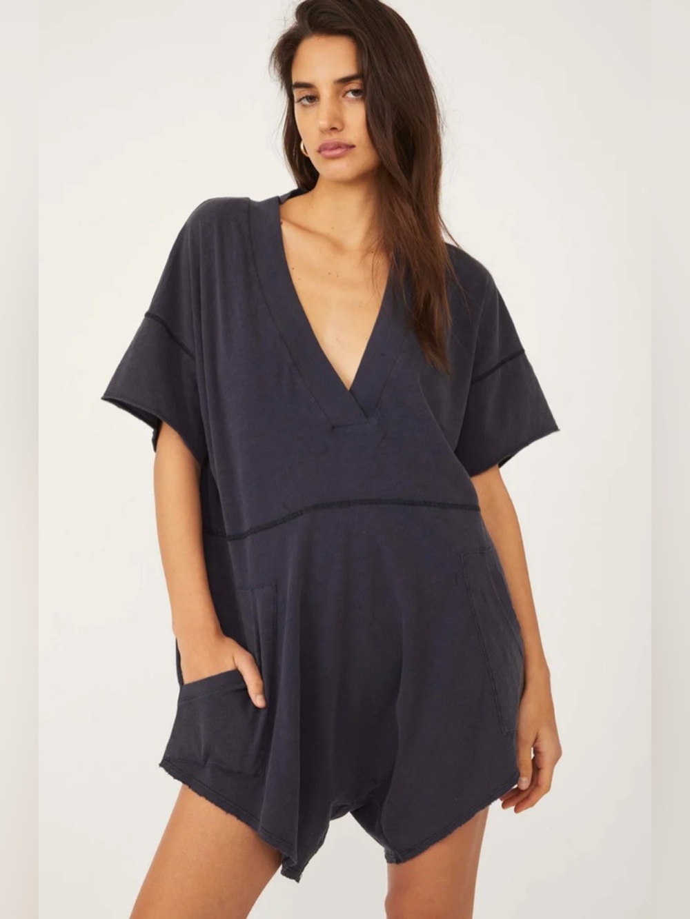 Free People “Why Not” Slouchy Oversized V Neck Romper With Pockets Swim Cover Up